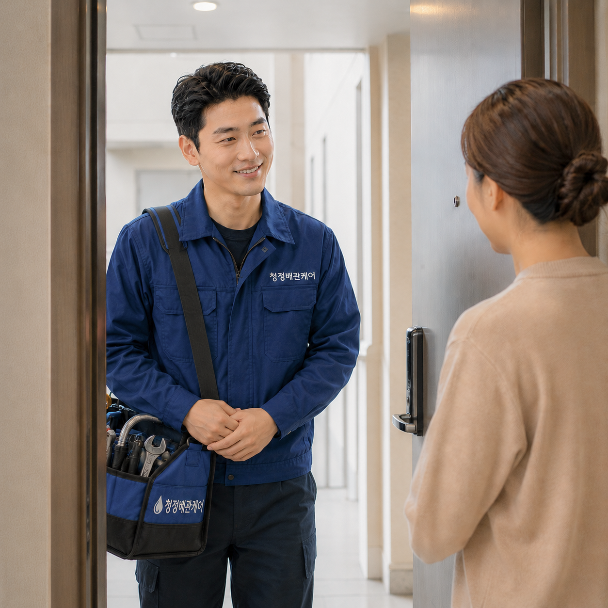 전국 30분 즉시 출동 약속에 맞춰 고객 자택에 방문 후 친절하게 인사하는 청정배관케어 전문가