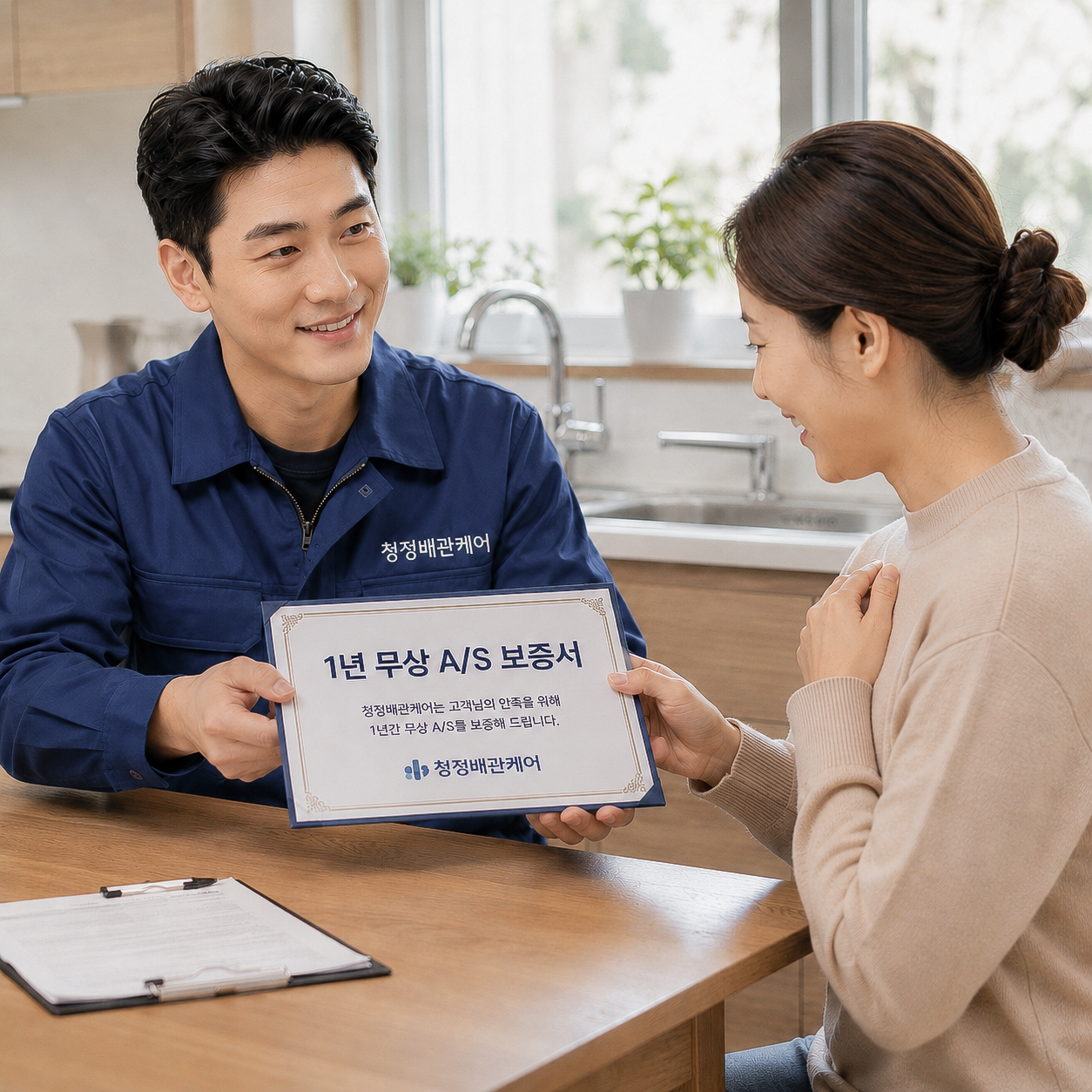 변기 막힘 수리 완료 후 안심할 수 있도록 1년 무상 A/S 보증서를 전달하는 청정배관케어 기사