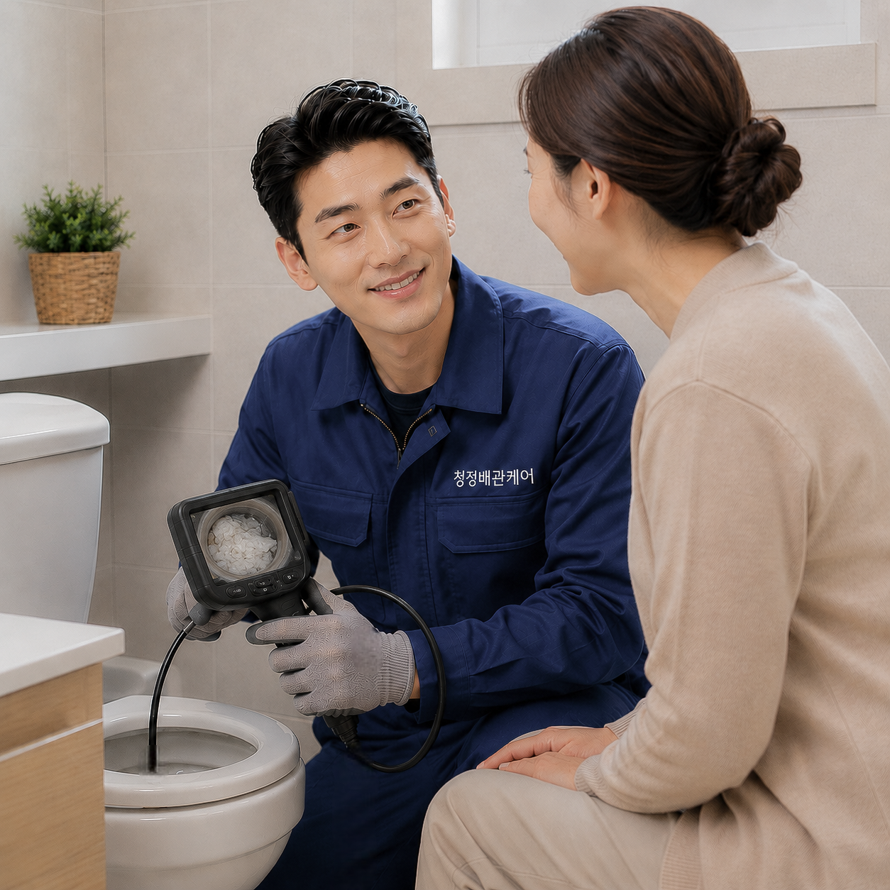투명한 작업 과정을 위해 전문가용 RIDGID 배관 내시경 장비로 변기 막힘 원인을 고객에게 직접 보여주는 모습